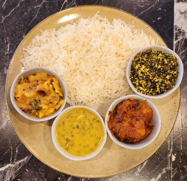 Rice and curry (Steamed white rice, three variety of curries and Choice of your meat